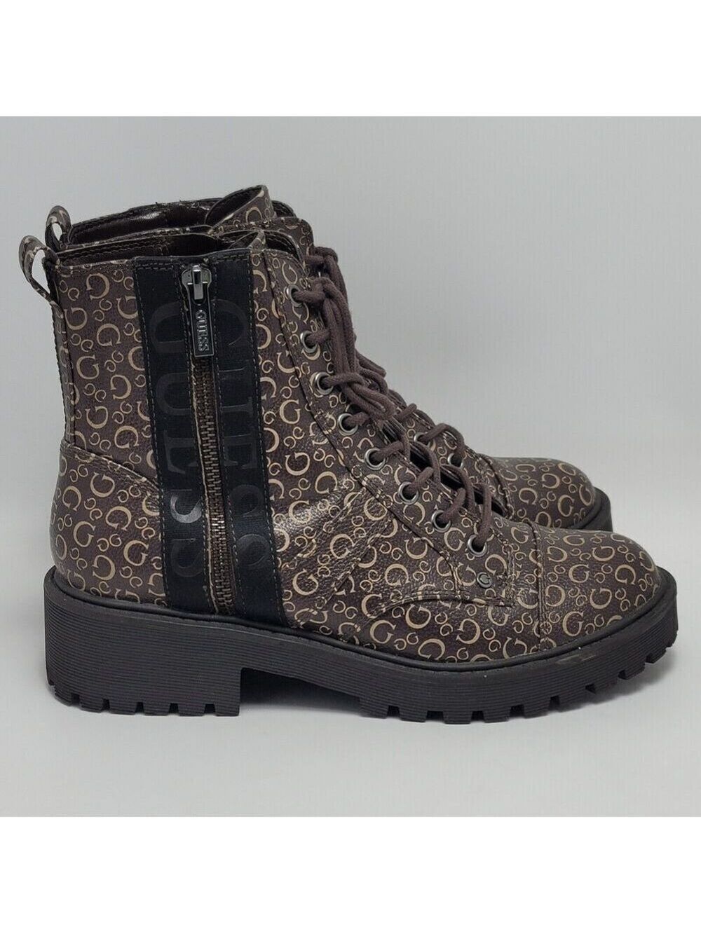 Guess Los Angeles Womens Brown Logo Ankle Combat Lace Up Boots Side Zip Sz 8.5M